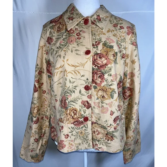 Coldwater Creek Tan Floral Button Up Roses Sweater Cottagecore Cardigan Size M - Picture 5 of 5